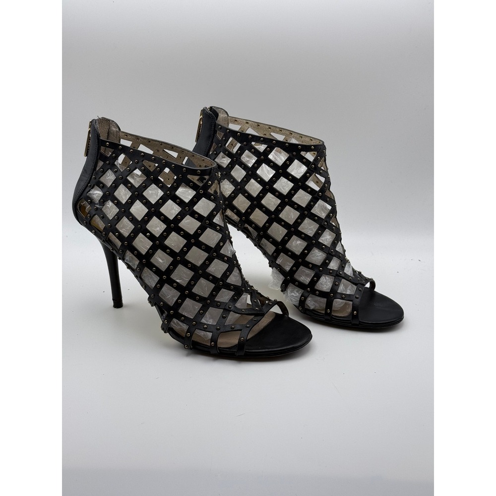 Michael Kors Black Leather‎ Studded Cage Booties Gold Heel Sandals 9.5M